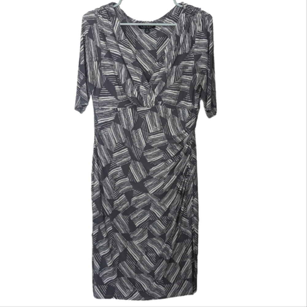 Lauren By Ralph Lauren Gray & White Ruched Jersey Faux Wrap Dress - Size 12